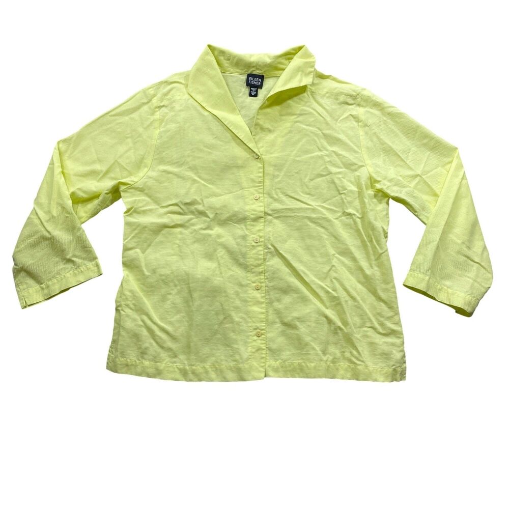 Eileen Fisher Medium Yellow Button Up Italian Fabric 3/4 Sleeve‎ 100% Cotton